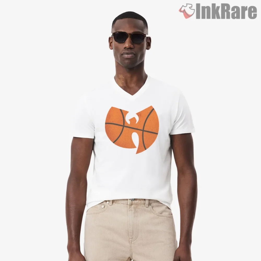 Wu Tang Basketball Texture Court Lines Shirt on white v-neck shirt for men graphic tee