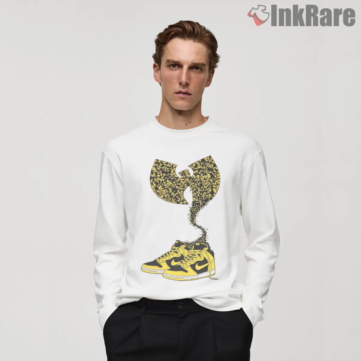 Wu Tang Bee Swarm Sneaker Mashup Shirt on white long sleeve shirt for men graphic tee
