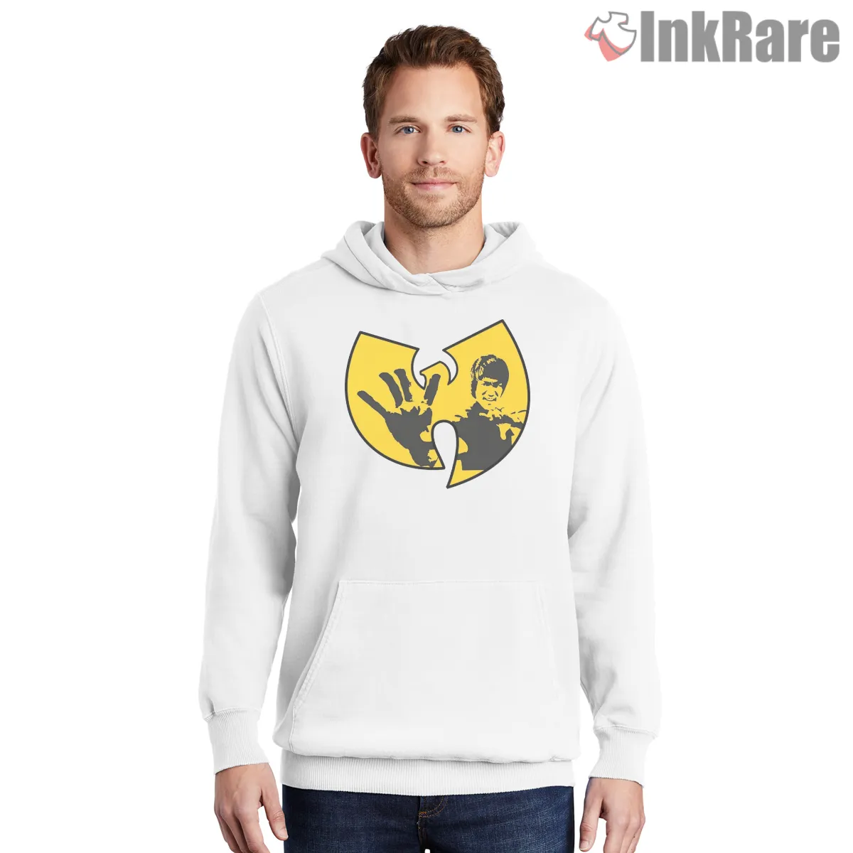 Wu Tang Bruce Lee Hand Strike Emblem Shirt on white hoodie for men graphic tee