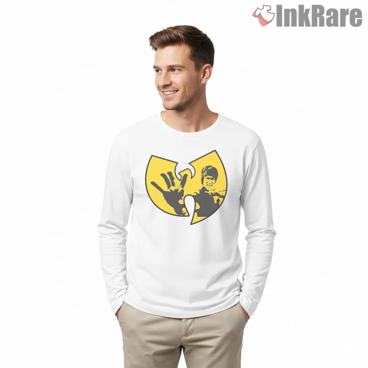 Wu Tang Bruce Lee Hand Strike Emblem Long Sleeve White Wu Tang Bruce Lee Hand Strike Emblem Shirt on white long sleeve shirt for men graphic tee