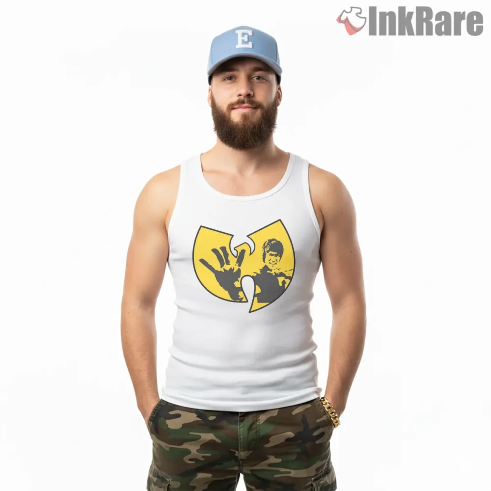 Wu Tang Bruce Lee Hand Strike Emblem Shirt on white tank top for men graphic tee