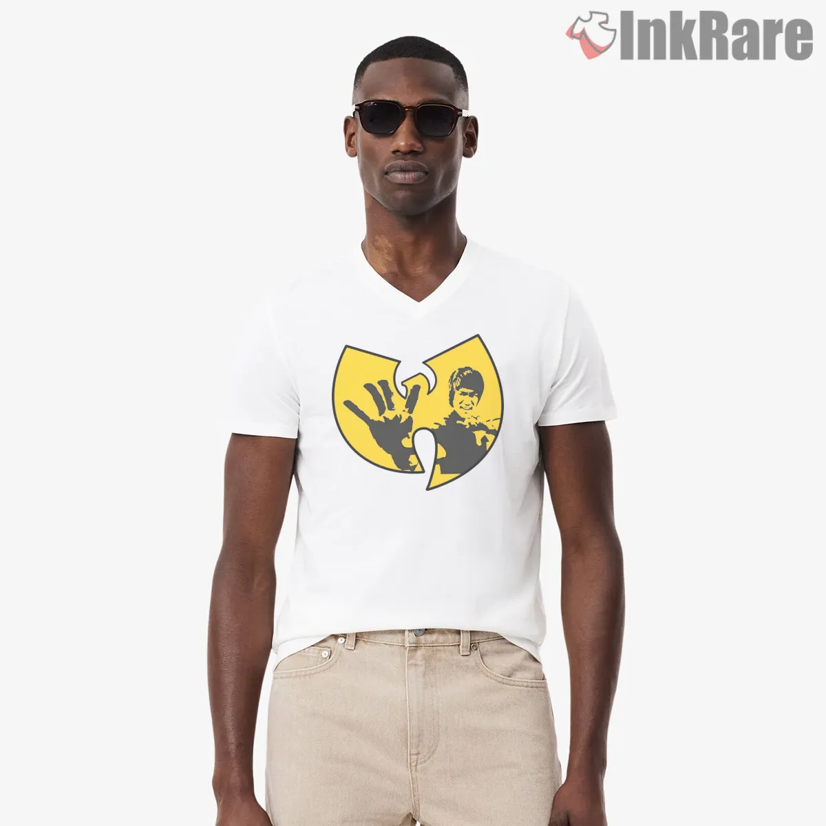Wu Tang Bruce Lee Hand Strike Emblem V Neck White Wu Tang Bruce Lee Hand Strike Emblem Shirt on white v-neck shirt for men graphic tee