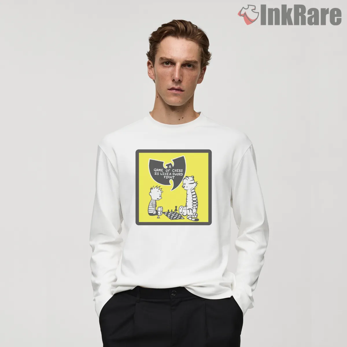 Wu Tang Chess Cartoon Quote Panel Shirt on white long sleeve shirt for men graphic tee