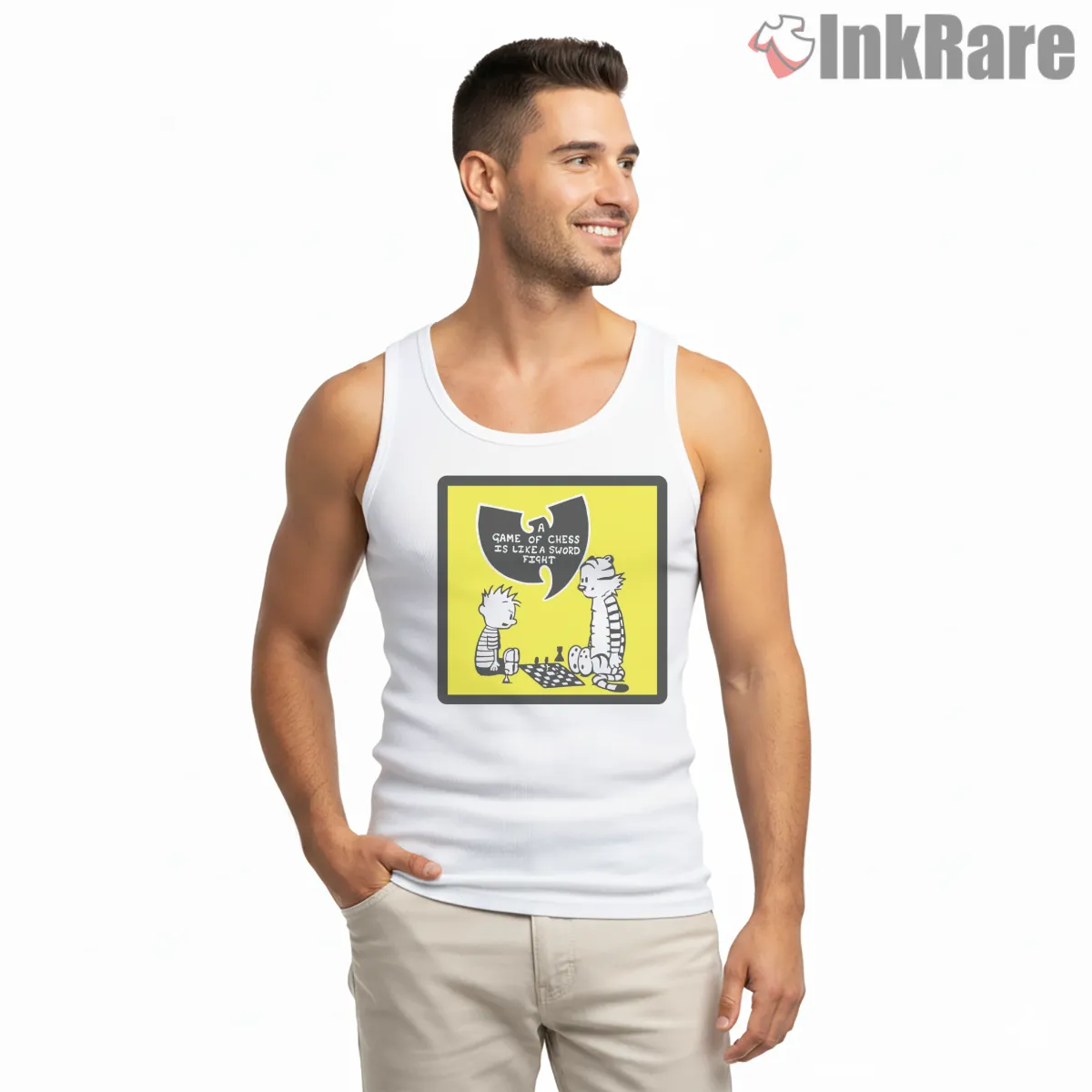 Wu Tang Chess Cartoon Quote Panel Tank Top White Wu Tang Chess Cartoon Quote Panel Shirt on white tank top for men graphic tee
