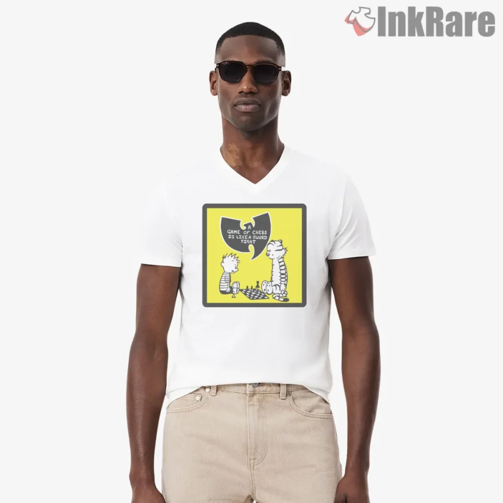 Wu Tang Chess Cartoon Quote Panel Shirt on white v-neck shirt for men graphic tee