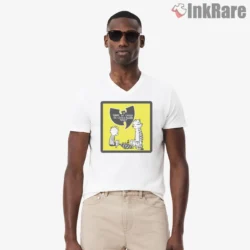 Wu Tang Chess Cartoon Quote Panel Shirt on white v-neck shirt for men graphic tee