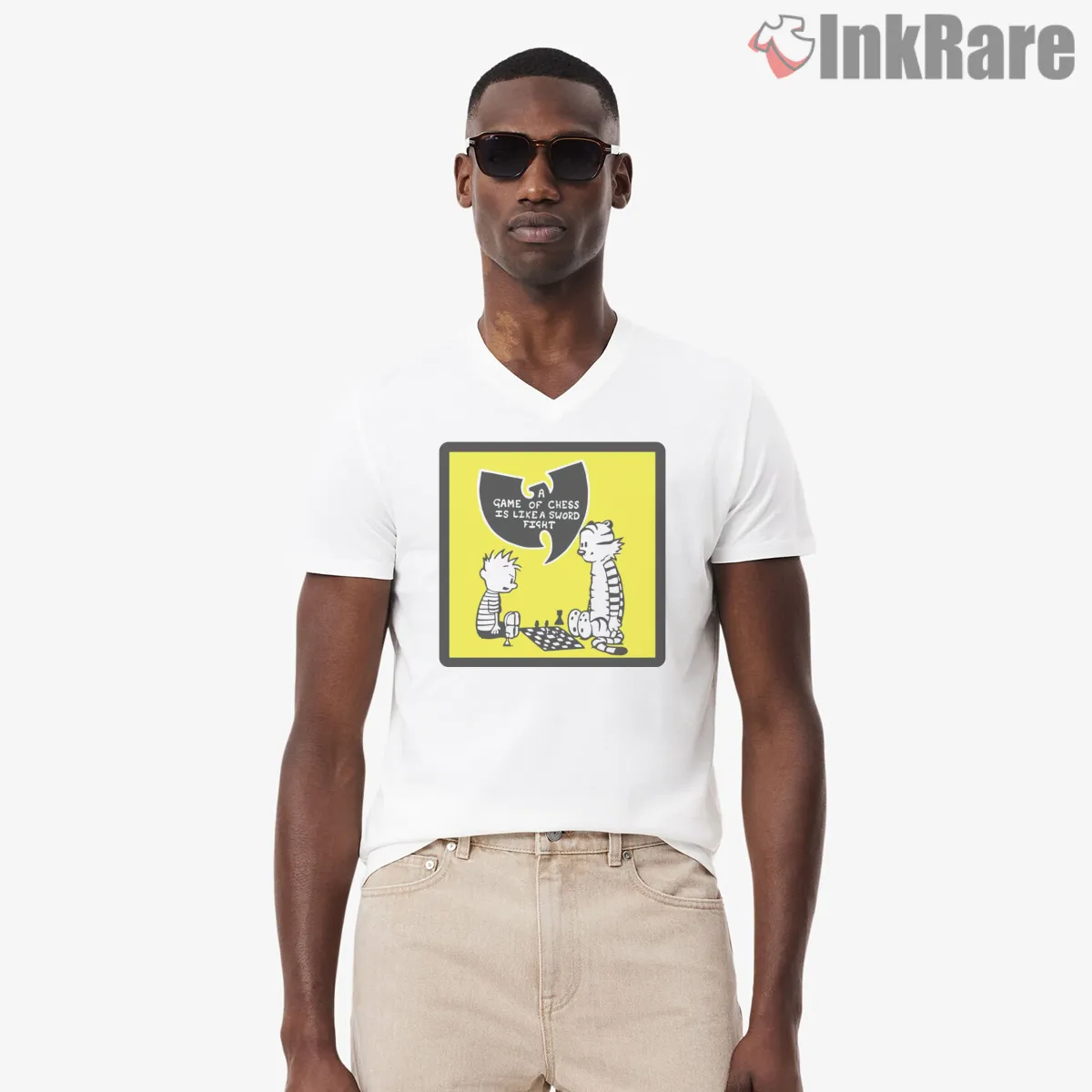 Wu Tang Chess Cartoon Quote Panel V Neck White Wu Tang Chess Cartoon Quote Panel Shirt on white v-neck shirt for men graphic tee