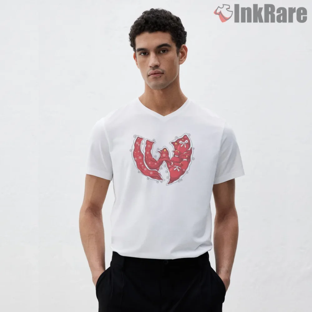 Wu Tang Christmas Season Red Pattern Emblem Shirt on white v-neck shirt for men graphic tee