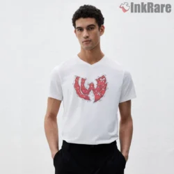 Wu Tang Christmas Season Red Pattern Emblem Shirt on white v-neck shirt for men graphic tee