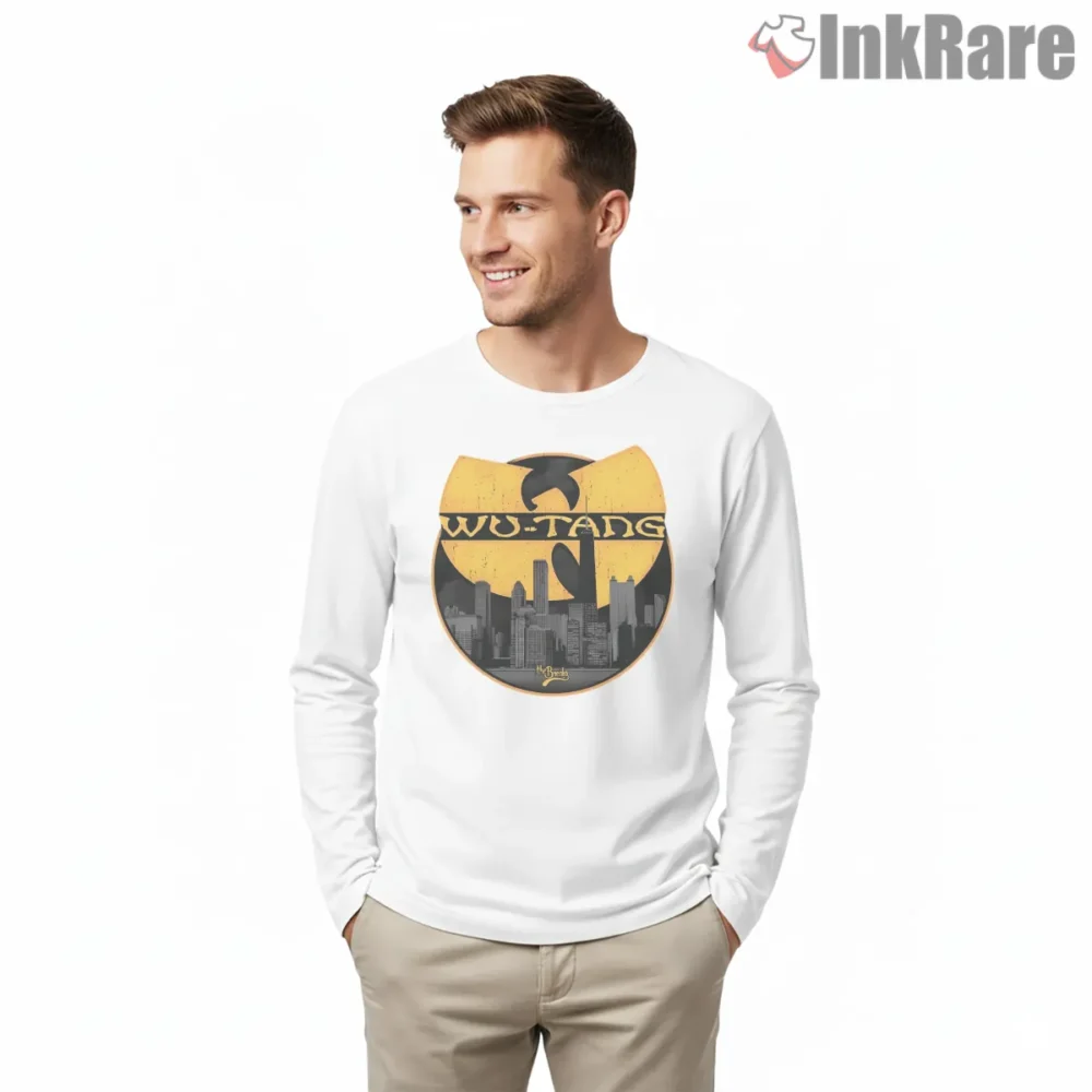 Wu Tang City Skyline Badge Shirt on white long sleeve shirt for men graphic tee