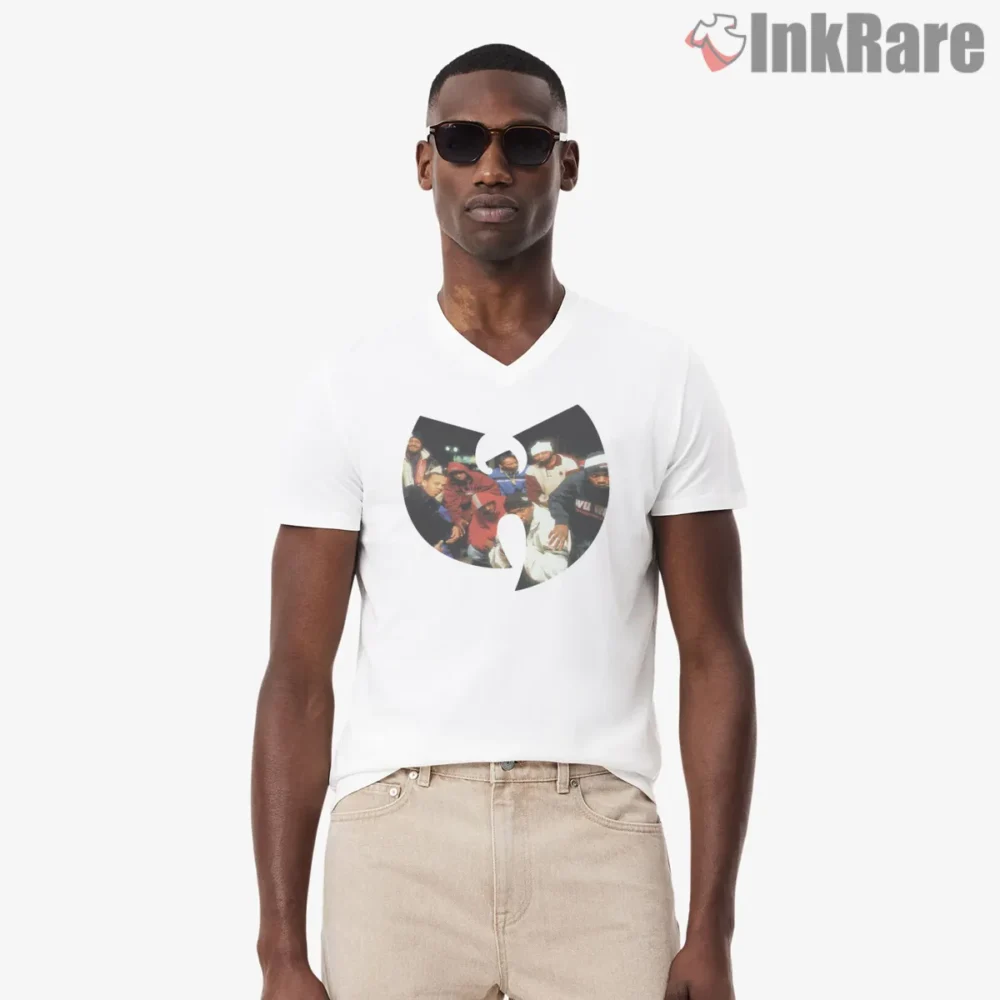 Wu Tang Clan Block Party Photo Logo Shirt on white v-neck shirt for men graphic tee