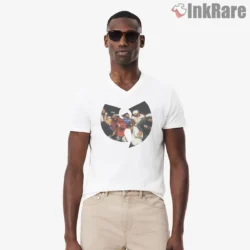 Wu Tang Clan Block Party Photo Logo Shirt on white v-neck shirt for men graphic tee