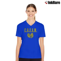 Women’s Wu Tang Clan Cream Logo Hip Hop V-Neck Tee in royal blue | Chic Neckline, Soft Texture
