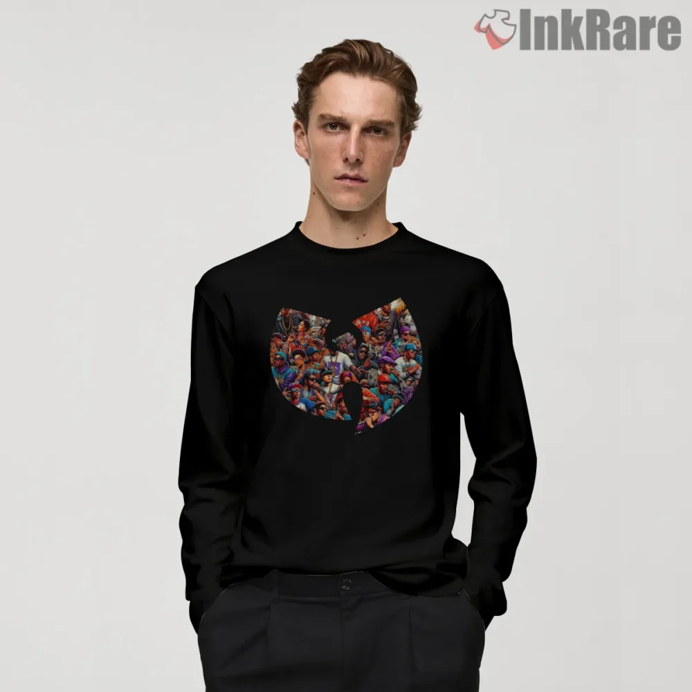 Wu Tang Clan Crowd Collage Comic Shirt on black long sleeve shirt for men graphic tee