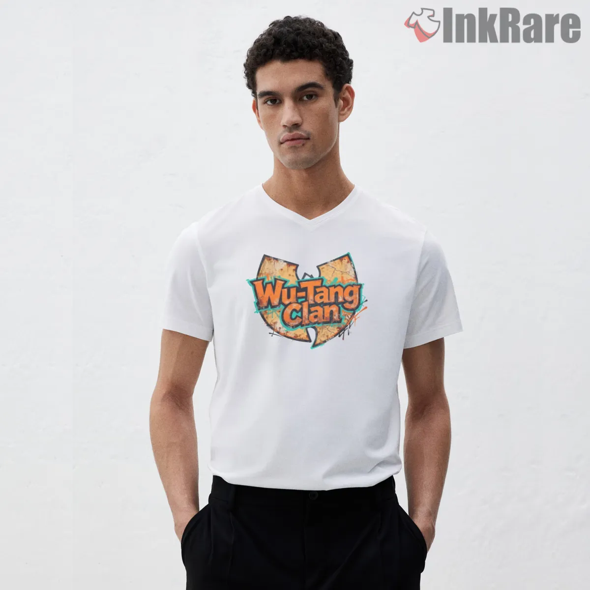 Wu Tang Clan Graffiti Wordmark Splash V Neck White Wu Tang Clan Graffiti Wordmark Splash Shirt on white v-neck shirt for men graphic tee