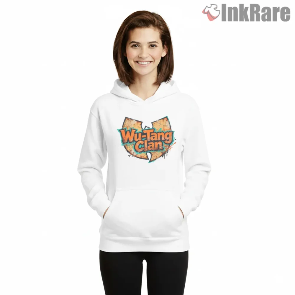 Wu Tang Clan Graffiti Wordmark Splash Shirt on white hoodie for women graphic tee