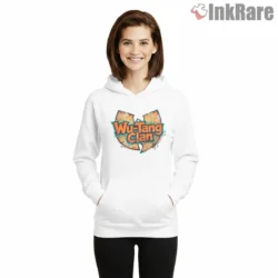 Wu Tang Clan Graffiti Wordmark Splash Shirt on white hoodie for women graphic tee
