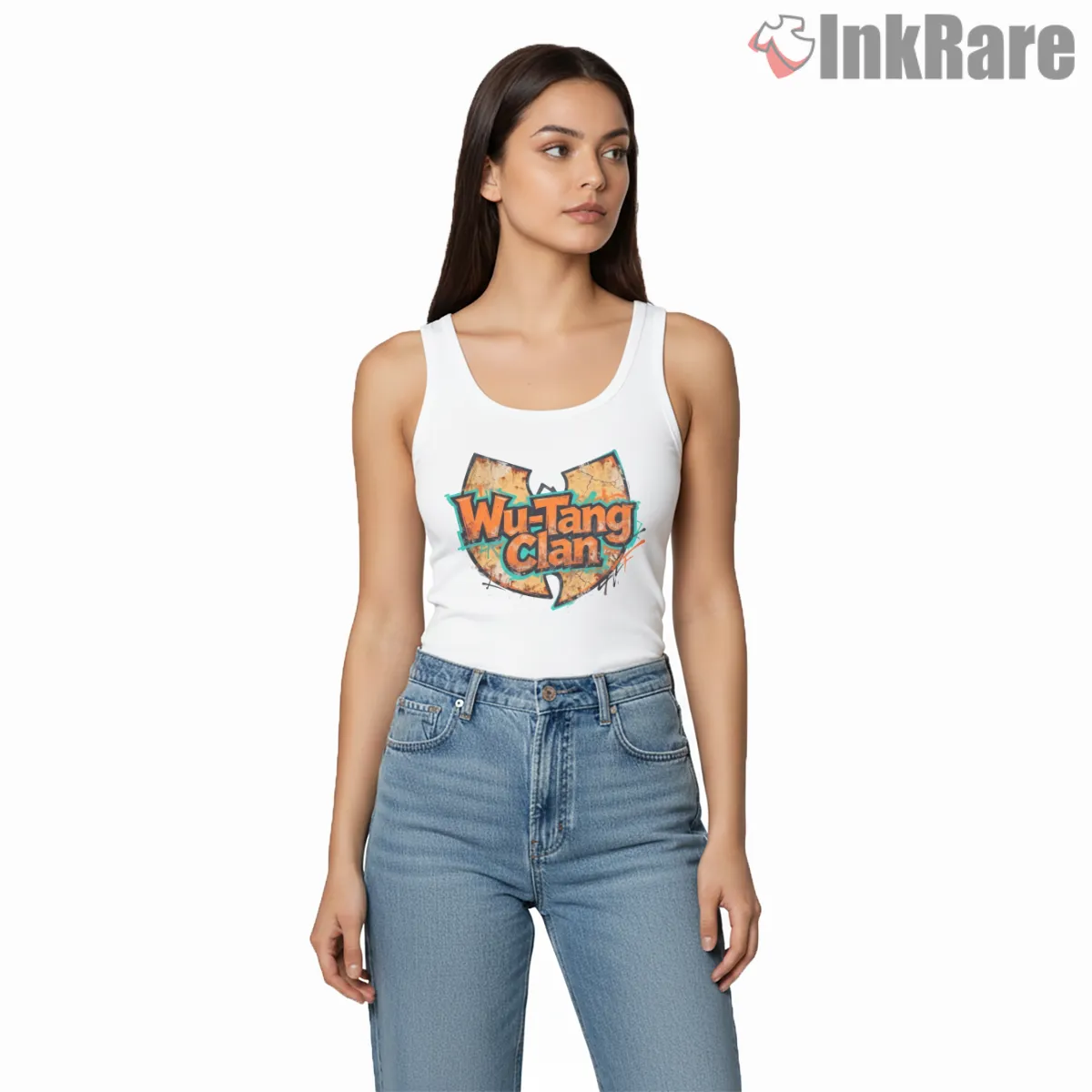 Wu Tang Clan Graffiti Wordmark Splash Tank Top White Wu Tang Clan Graffiti Wordmark Splash Shirt on white tank top for women graphic tee