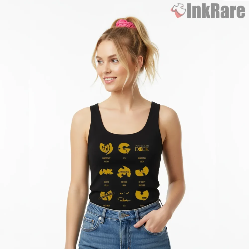 Wu Tang Clan Member Icons Collector Shirt on black tank top for women graphic tee