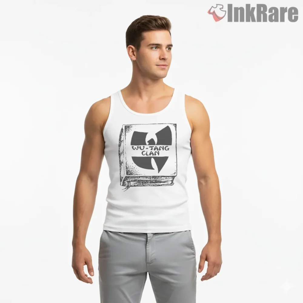 Wu Tang Clan Og Stencil Book Cover Shirt on white tank top for men graphic tee