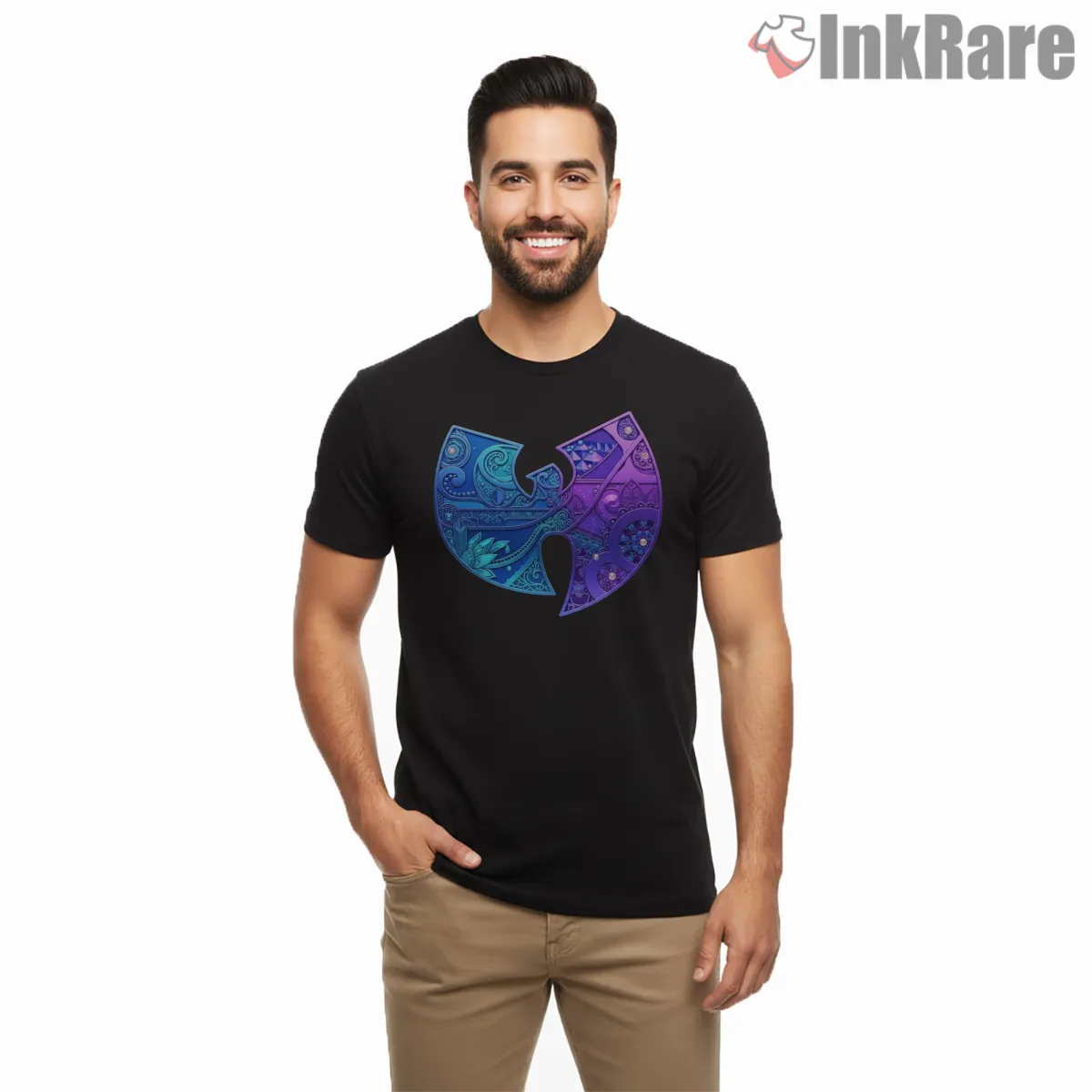 Wu Tang Clan Ornate Pattern Logo Shirt on black short sleeve shirt for men graphic tee