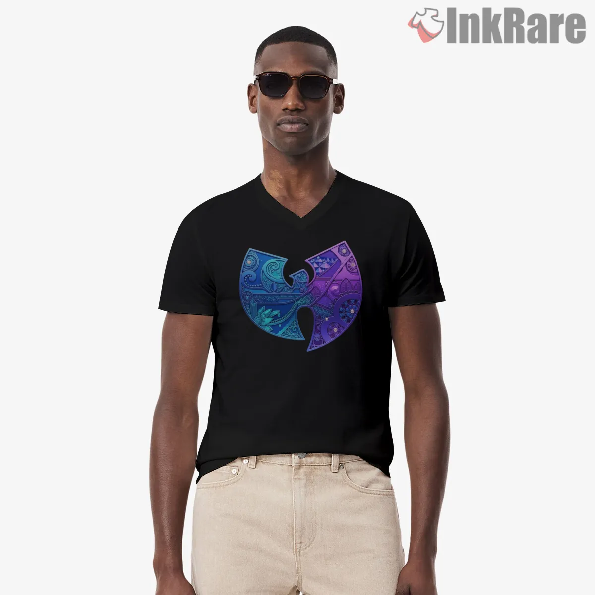 Wu Tang Clan Ornate Pattern Logo V Neck Black Wu Tang Clan Ornate Pattern Logo Shirt on black v-neck shirt for men graphic tee