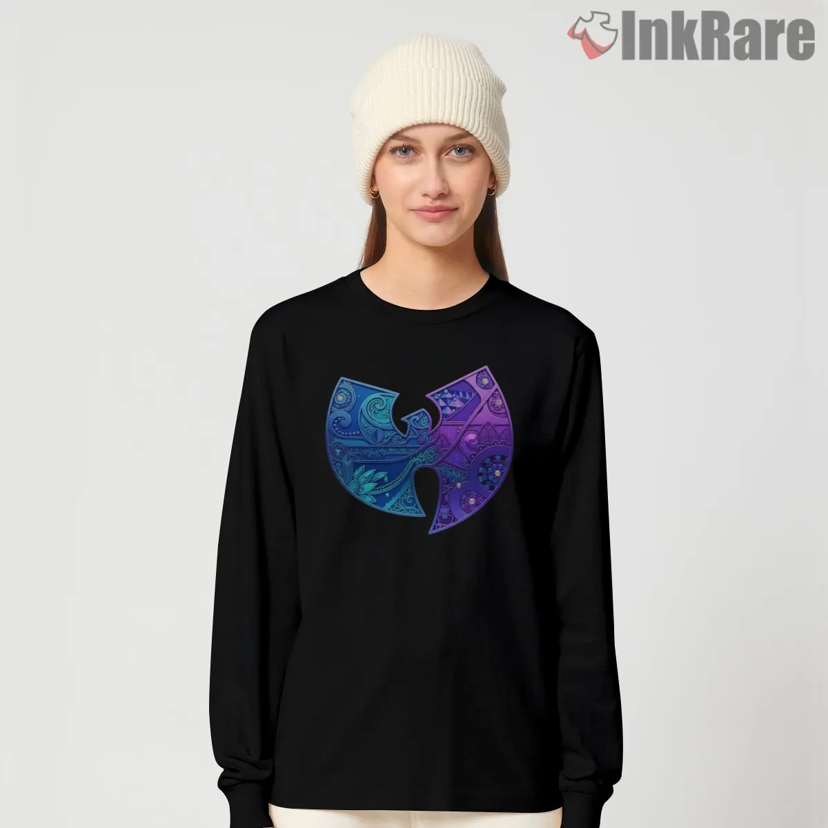 Wu Tang Clan Ornate Pattern Logo Long Sleeve Black Wu Tang Clan Ornate Pattern Logo Shirt on black long sleeve shirt for women graphic tee