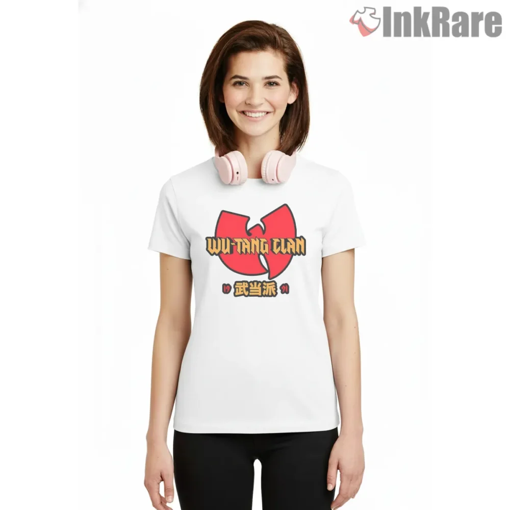 Wu Tang Clan Red Emblem Kanji Retro Shirt on white short sleeve shirt for women graphic tee