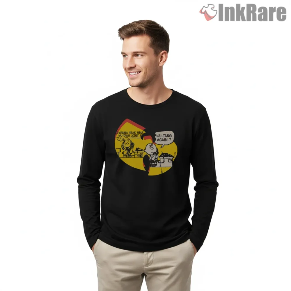 Wu Tang Comic Strip Again Shirt on black long sleeve shirt for men graphic tee