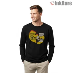 Wu Tang Comic Strip Again Shirt on black long sleeve shirt for men graphic tee