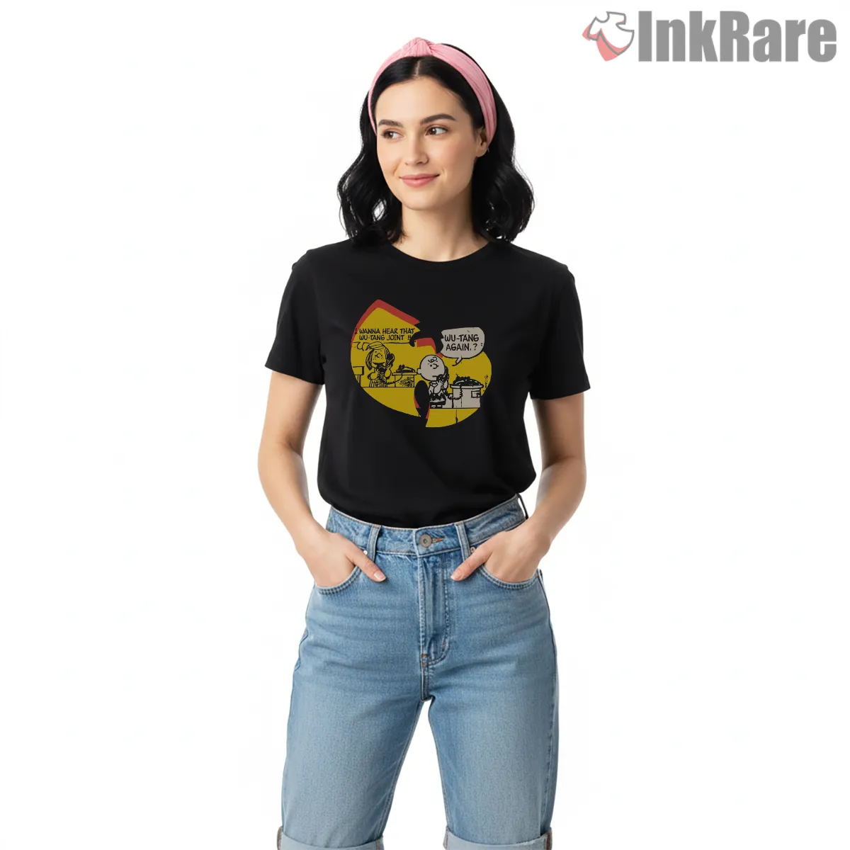 Wu Tang Comic Strip Again Shirt on black short sleeve shirt for women graphic tee