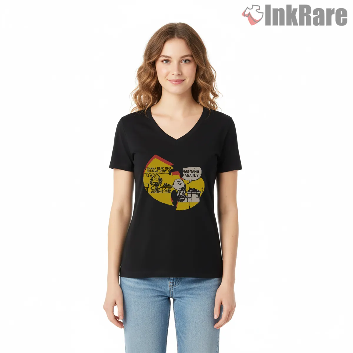Wu Tang Comic Strip Again V Neck Black Wu Tang Comic Strip Again Shirt on black v-neck shirt for women graphic tee