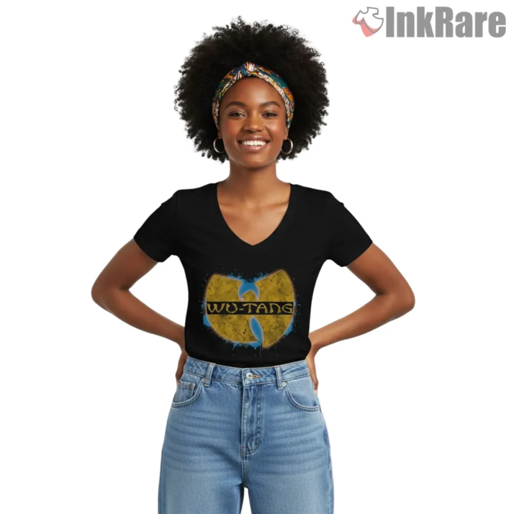 Wu Tang Cosmic Splatter Classic Logo Shirt on black v-neck shirt for women graphic tee