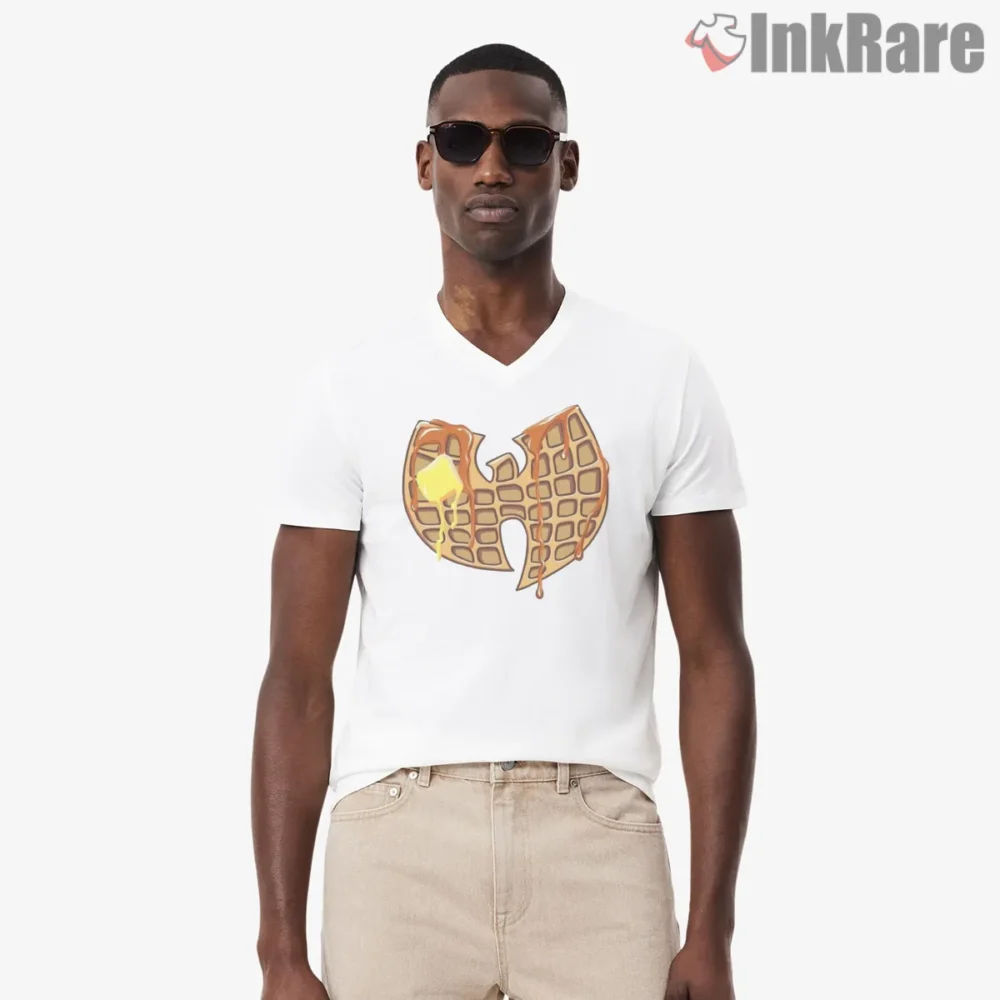 Wu Tang Cream Waffle Syrup Drip Breakfast Shirt on white v-neck shirt for men graphic tee