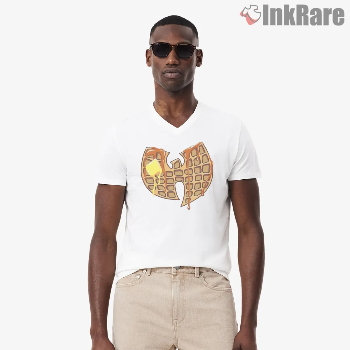 Wu Tang Cream Waffle Syrup Drip Breakfast V Neck White Wu Tang Cream Waffle Syrup Drip Breakfast Shirt on white v-neck shirt for men graphic tee
