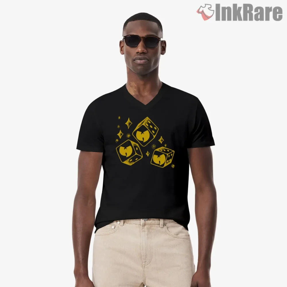 Wu Tang Dice Luck Logo Shirt on black v-neck shirt for men graphic tee