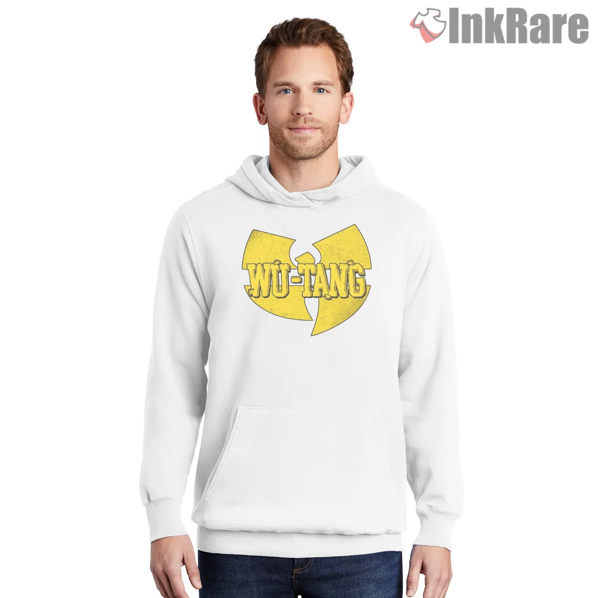 Wu Tang Distressed Classic Name Logo Shirt on white hoodie for men graphic tee