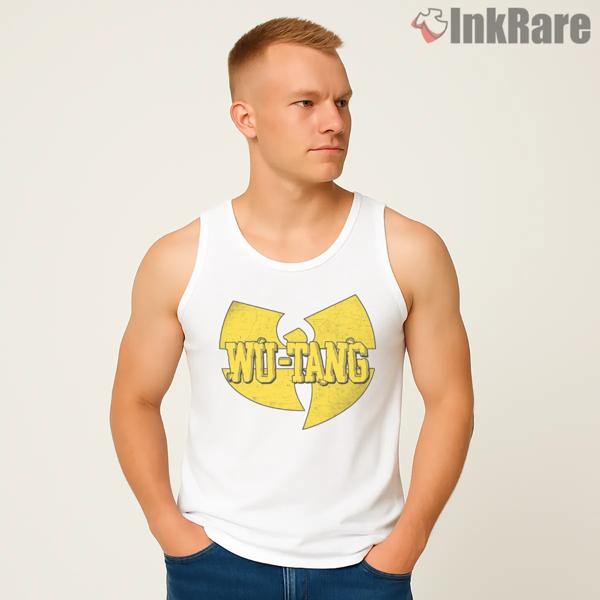 Wu Tang Distressed Classic Name Logo Tank Top White Wu Tang Distressed Classic Name Logo Shirt on white tank top for men graphic tee