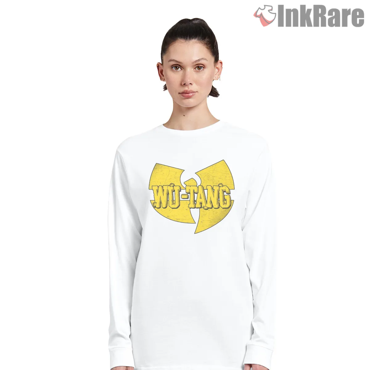 Wu Tang Distressed Classic Name Logo Long Sleeve White Wu Tang Distressed Classic Name Logo Shirt on white long sleeve shirt for women graphic tee