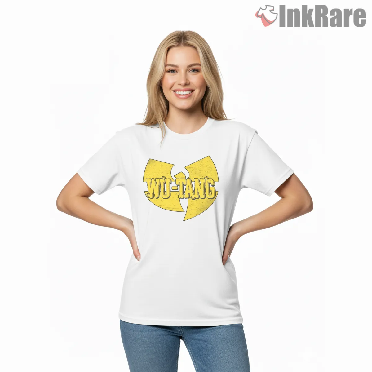 Wu Tang Distressed Classic Name Logo Short Sleeve White Wu Tang Distressed Classic Name Logo Shirt on white short sleeve shirt for women graphic tee