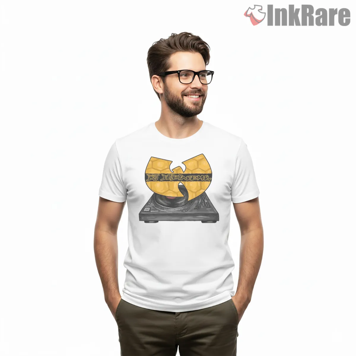 Wu Tang Dj Turntable Gold Emblem Shirt on white short sleeve shirt for men graphic tee