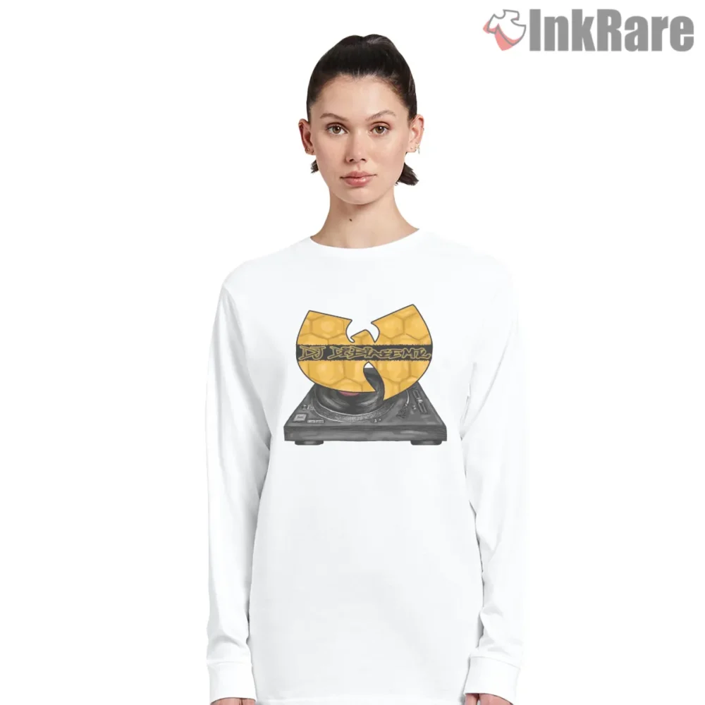 Wu Tang Dj Turntable Gold Emblem Shirt on white long sleeve shirt for women graphic tee