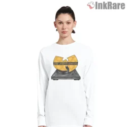 Wu Tang Dj Turntable Gold Emblem Shirt on white long sleeve shirt for women graphic tee