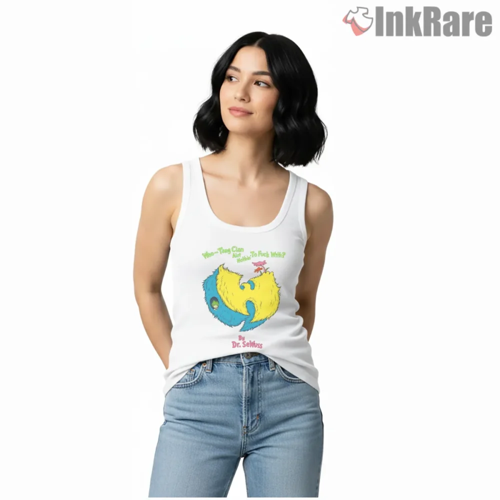 Wu Tang Dr Seuss Fuzzy Icon Storybook Shirt on white tank top for women graphic tee
