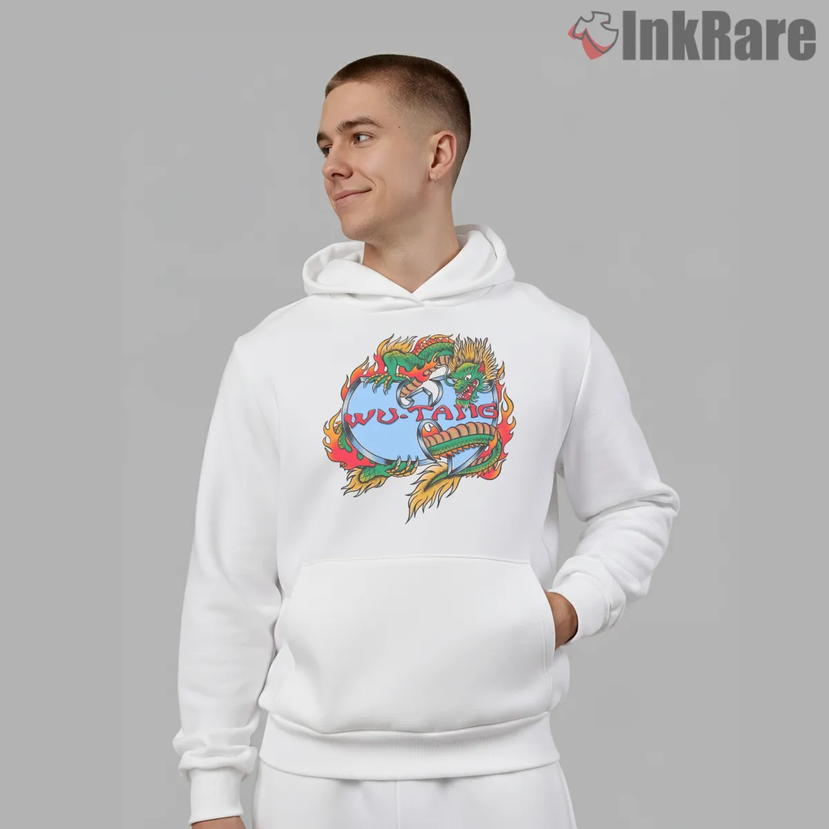 Wu Tang Dragon Emblem Mythic Flame Shirt on white hoodie for men graphic tee