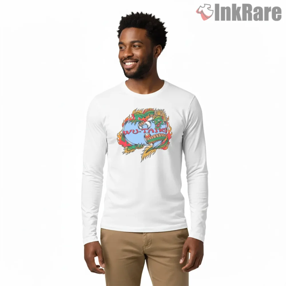 Wu Tang Dragon Emblem Mythic Flame Shirt on white long sleeve shirt for men graphic tee