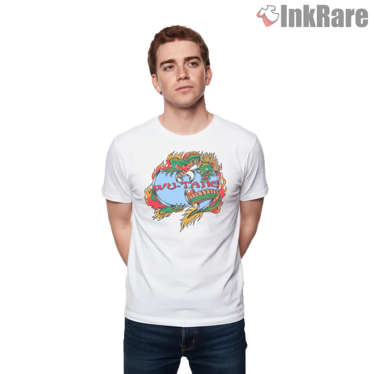 Wu Tang Dragon Emblem Mythic Flame Short Sleeve White Wu Tang Dragon Emblem Mythic Flame Shirt on white short sleeve shirt for men graphic tee