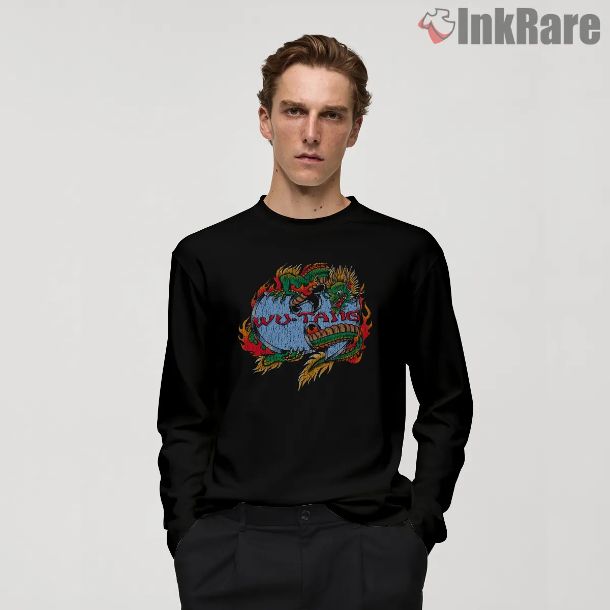 Wu Tang Dragon Vintage Shirt on black long sleeve shirt for men graphic tee