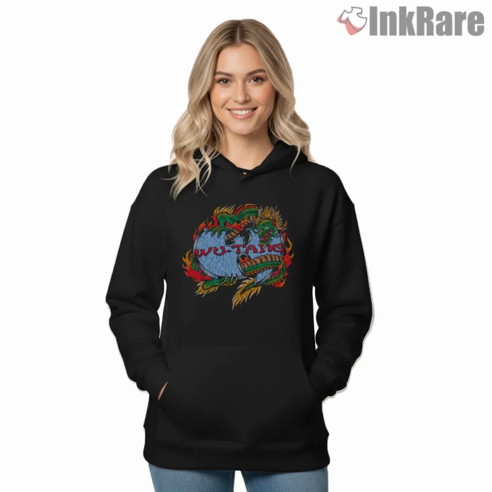 Wu Tang Dragon Vintage Shirt on black hoodie for women graphic tee