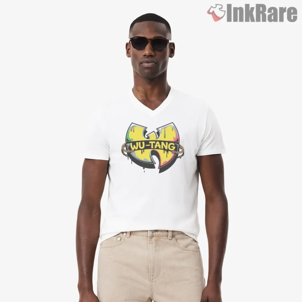 Wu Tang Drip Graffiti Chain Emblem Shirt on white v-neck shirt for men graphic tee